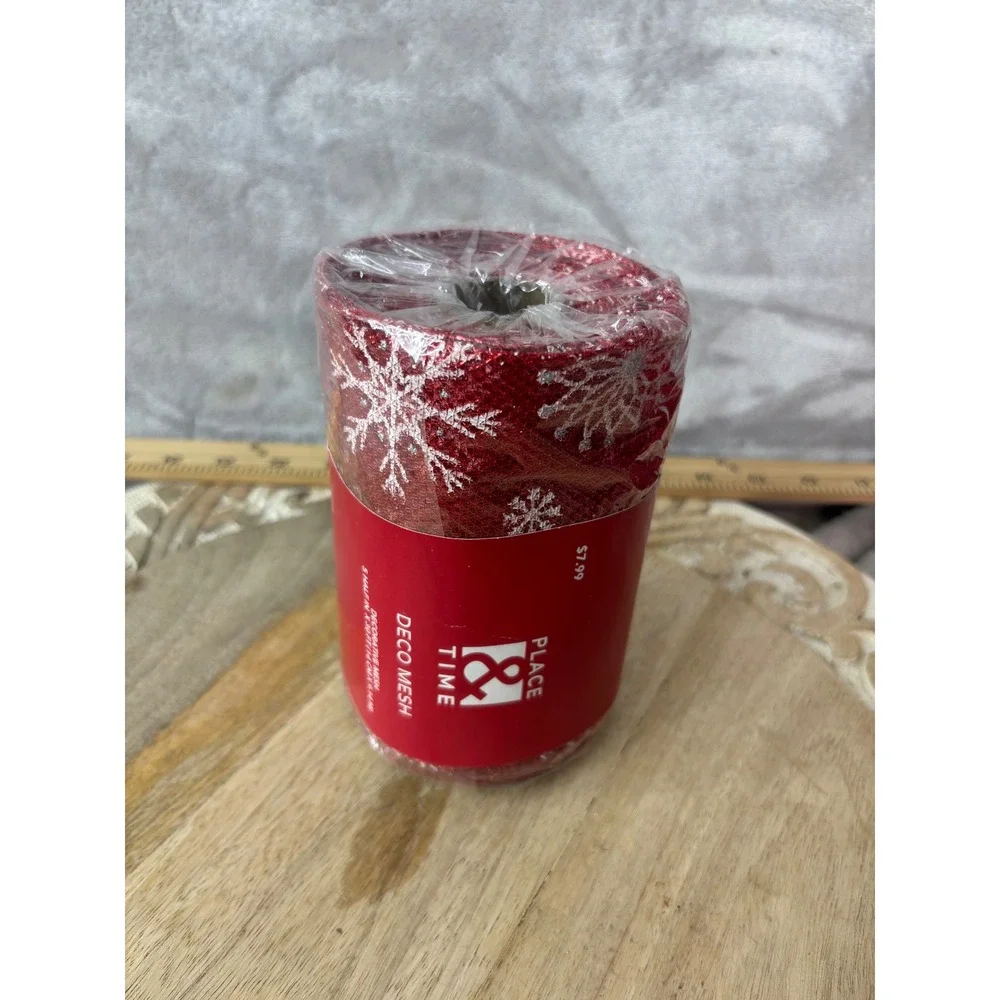 Place & Time Red Snowflake Deco Mesh 5.5in x 30ft Christmas Craft Ribbon New